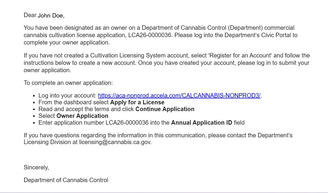 Email instructing an additional owner to log in and submit an Owner Application