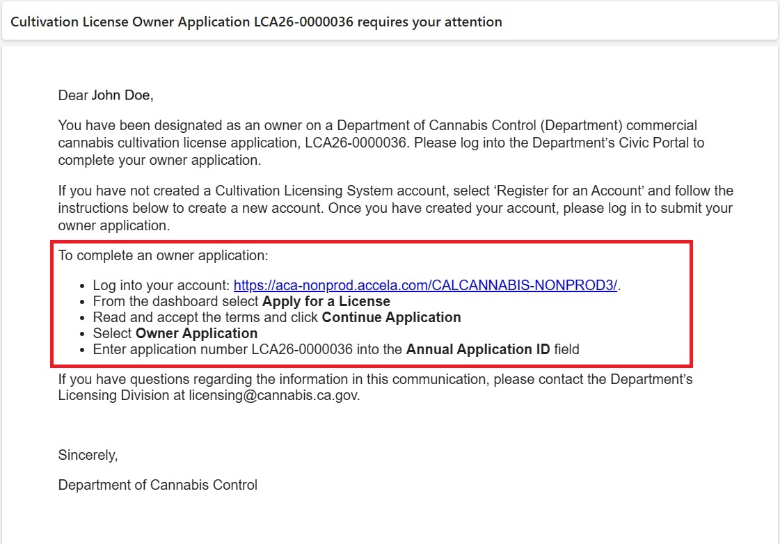 Email instructions for additional owners to log in and submit an Owner Application