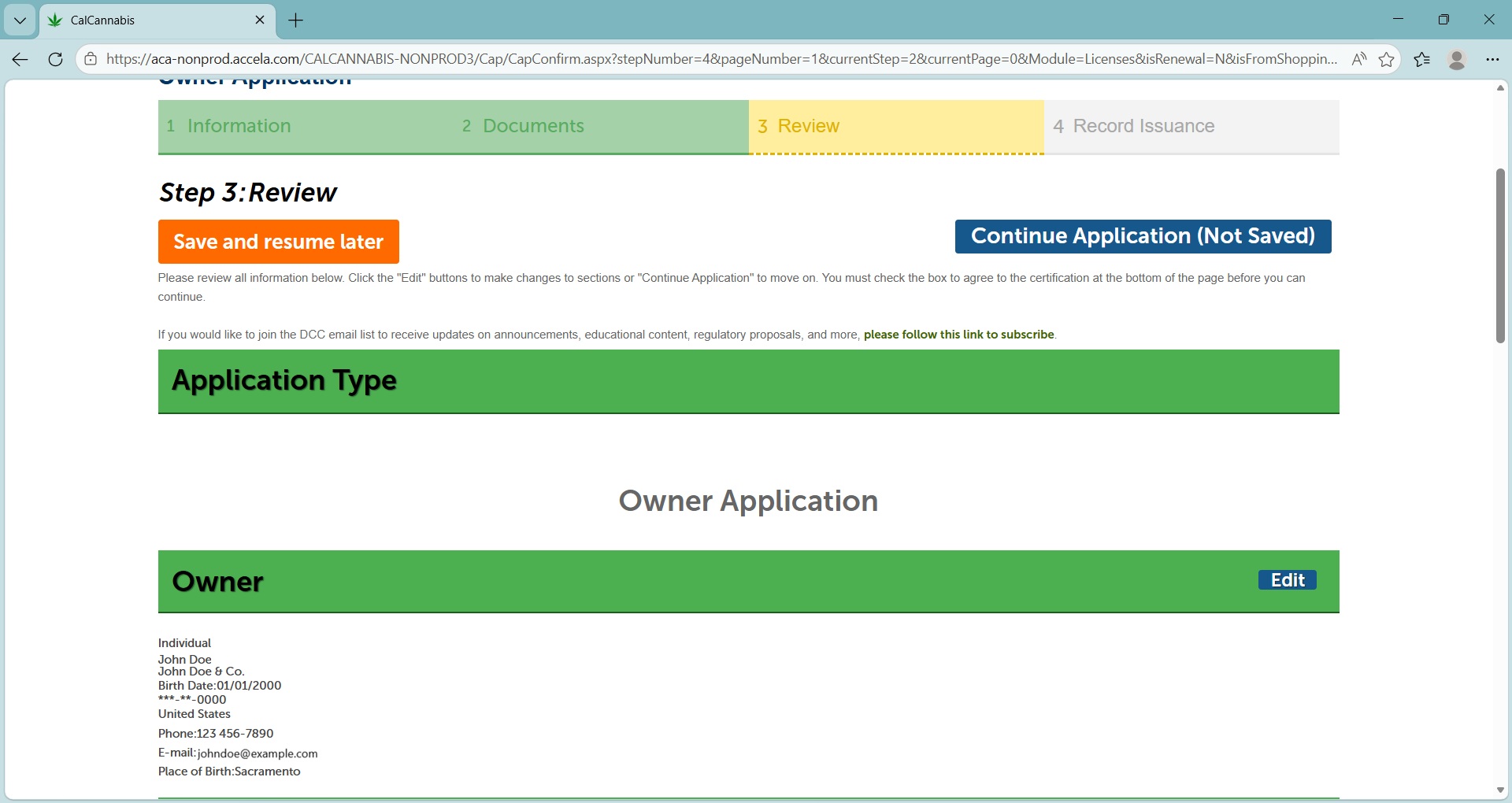 Owner application review screen with Edit buttons for revising sections