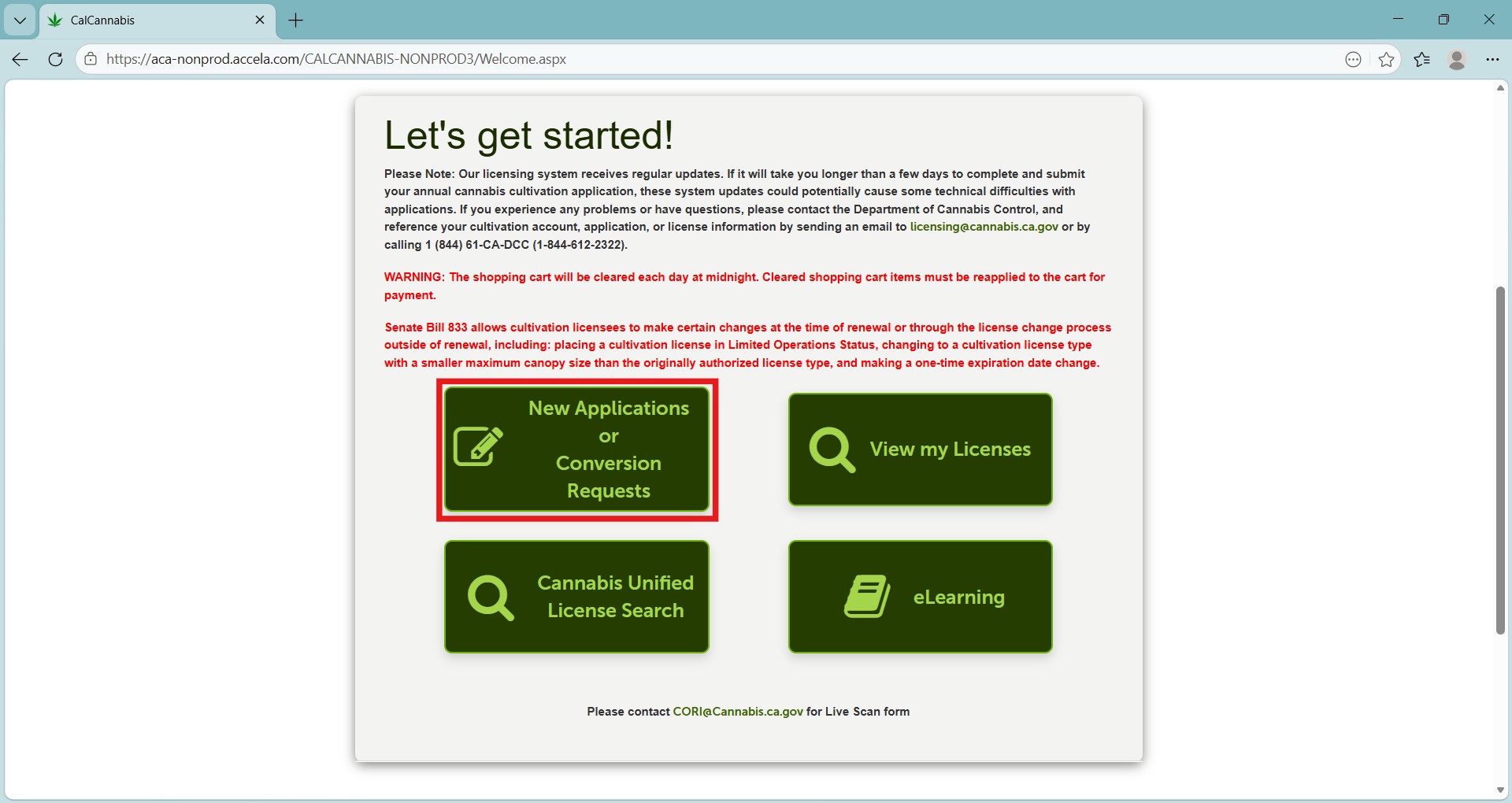 Licensing system home screen with New Applications or Conversion Requests button highlighted