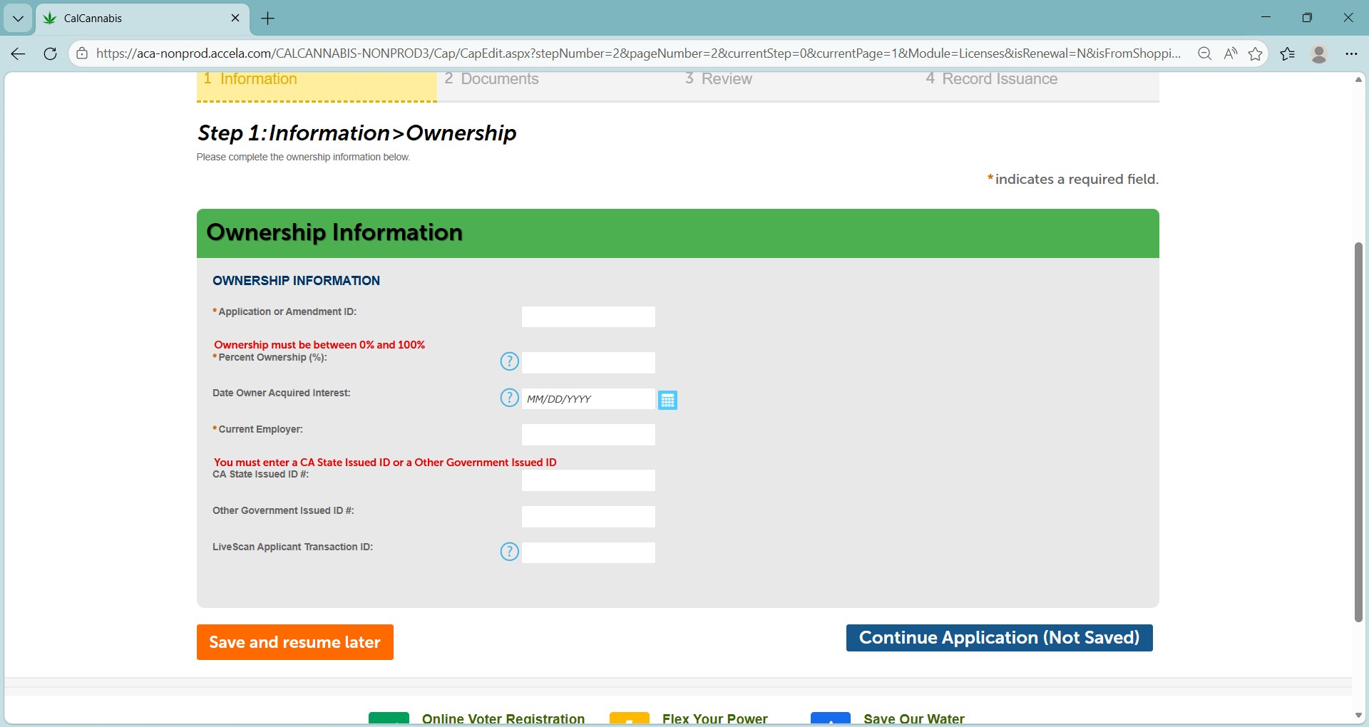 Ownership information form with fields for application ID, ownership percentage, date acquired, employer, government ID, and live scan transaction ID
