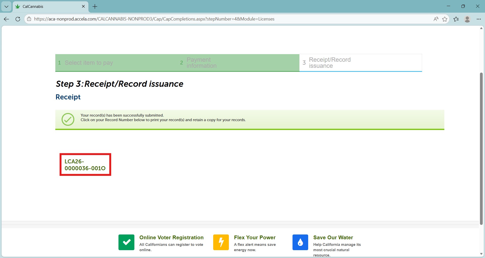 Receipt showing the application was successfully submitted and the Application Record Number LCA19-0000038-DEC