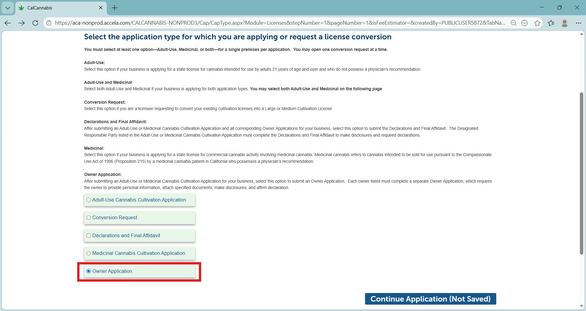 Owner Application button