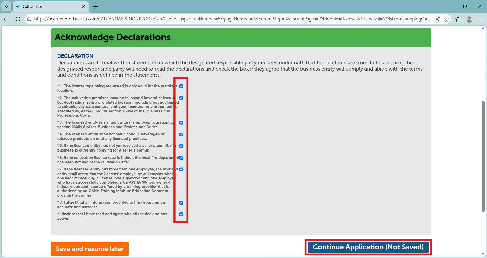 View of declarations checkboxes