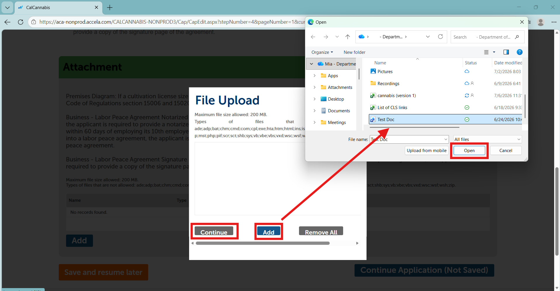View of file upload window