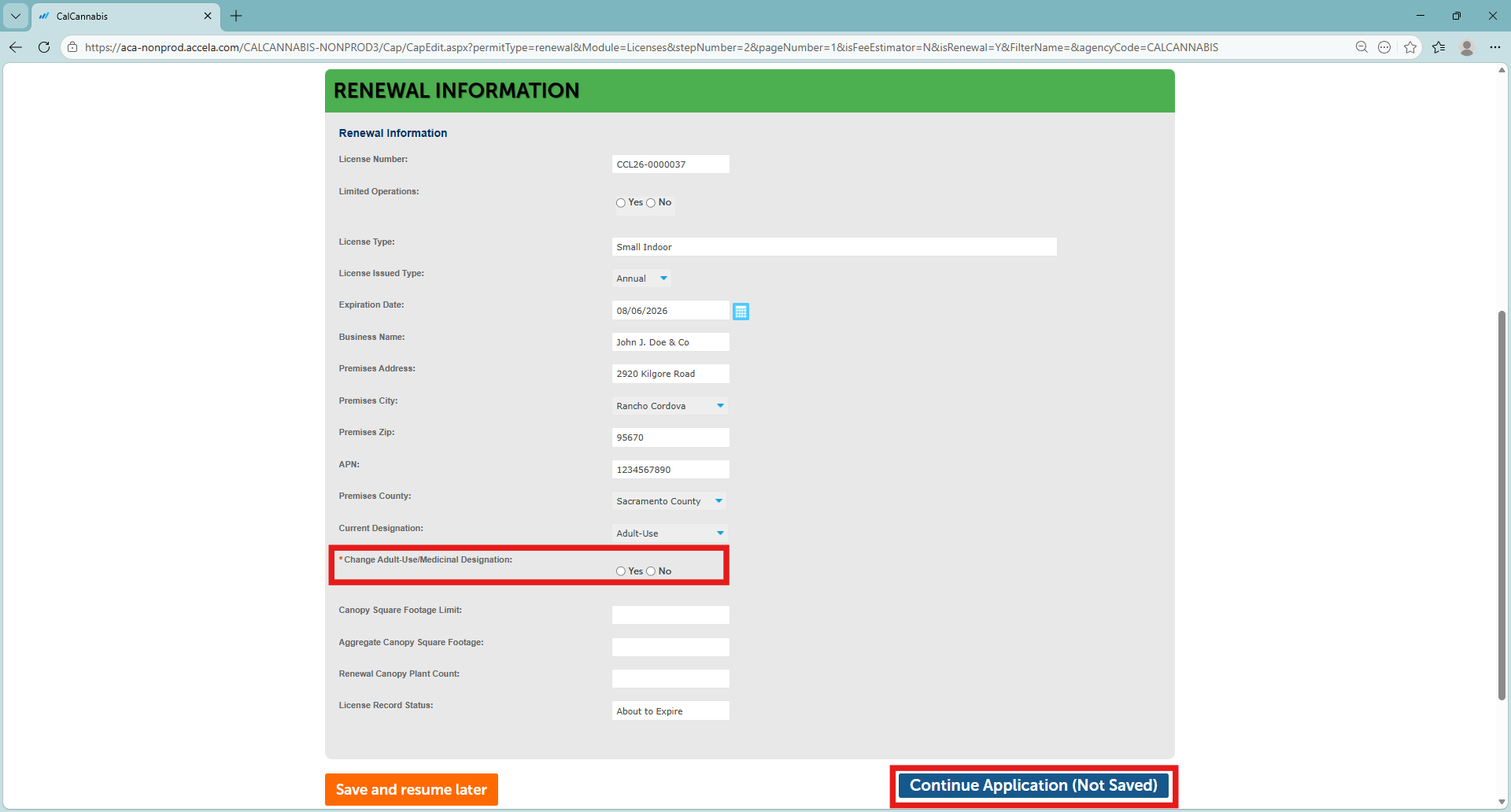 Renewal information screen with current designation and Yes/No option to change adult-use or medicinal designation