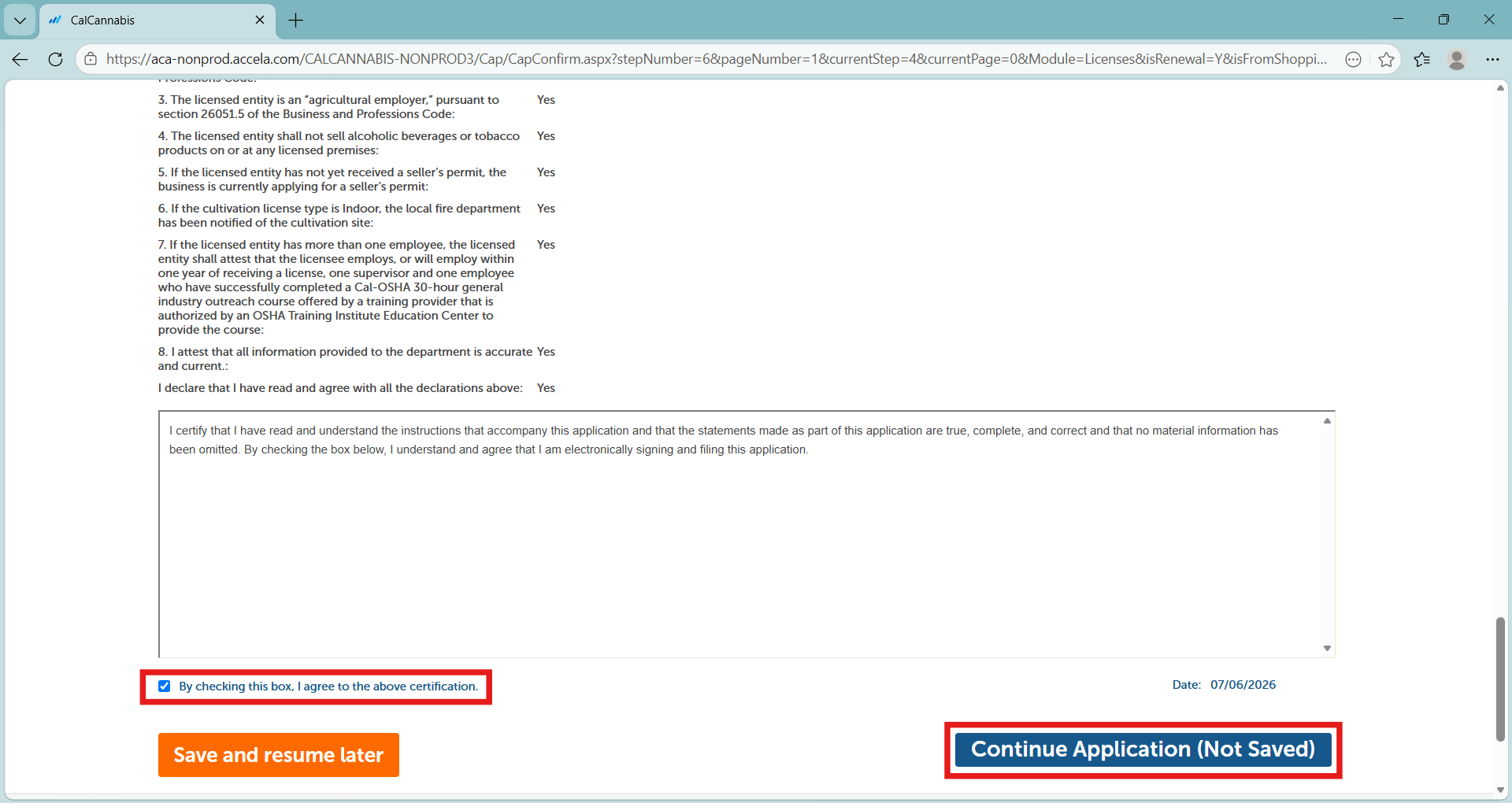 View of confirmation screen with checkbox