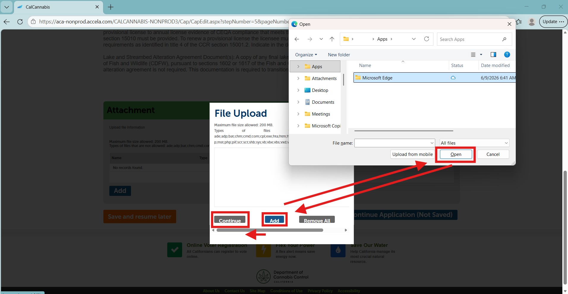 File upload steps for adding a document and continuing