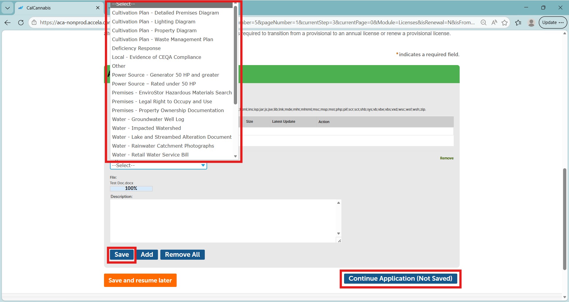 Attachment section with document type dropdown and Save, Add, Remove, and Continue Application buttons