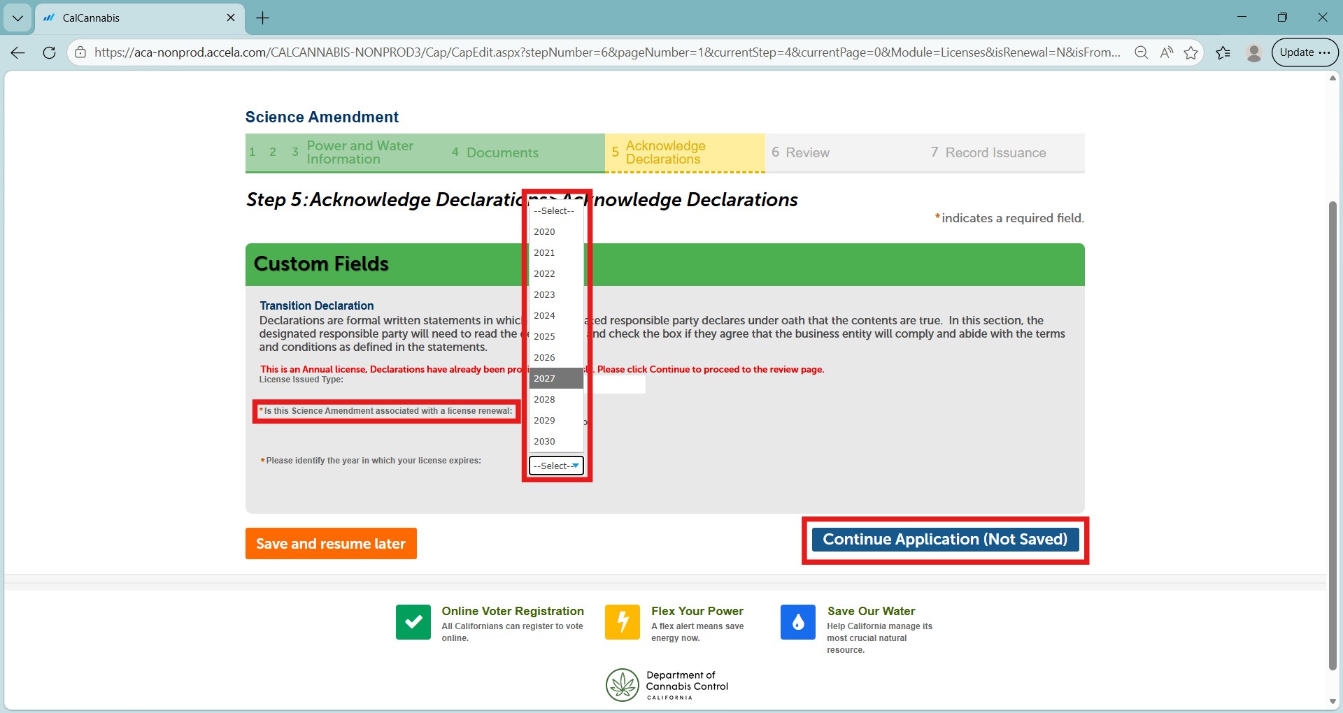 Acknowledgement Declarations screen with renewal and license year fields, plus Continue Application button