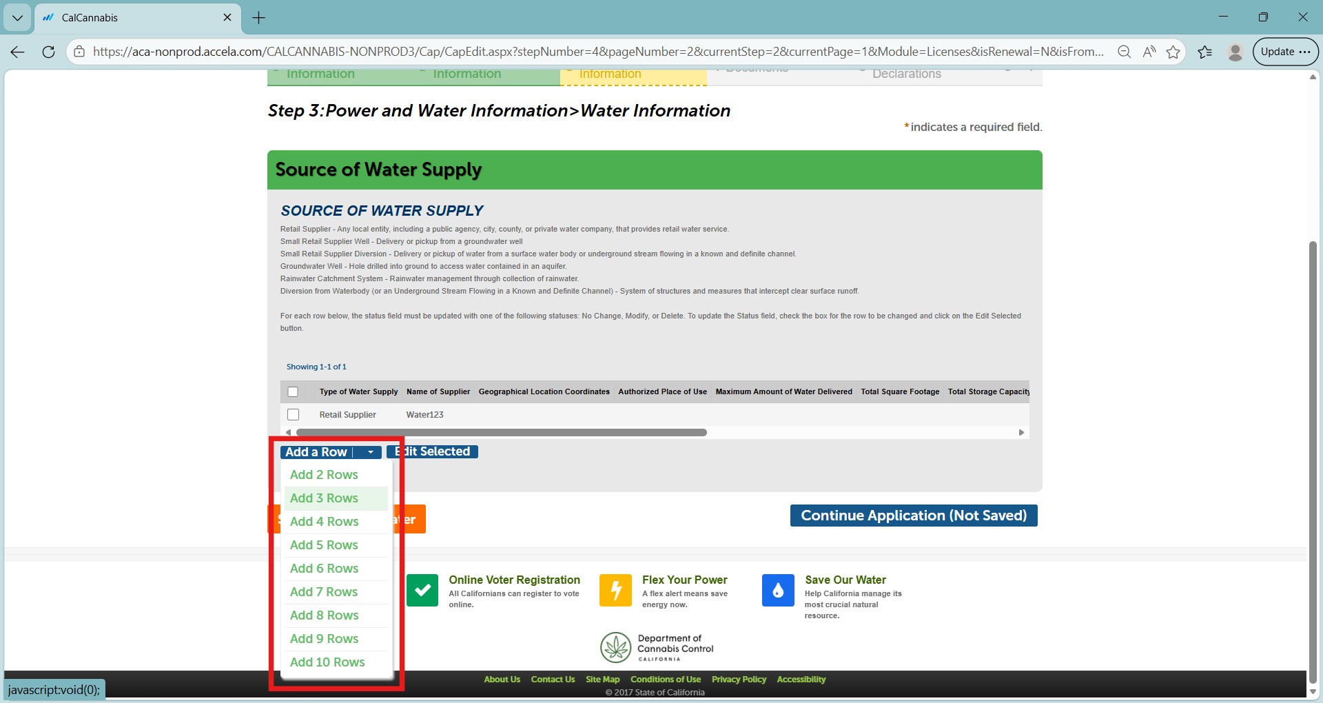 Menu to add 1 to 10 rows for a water supply source