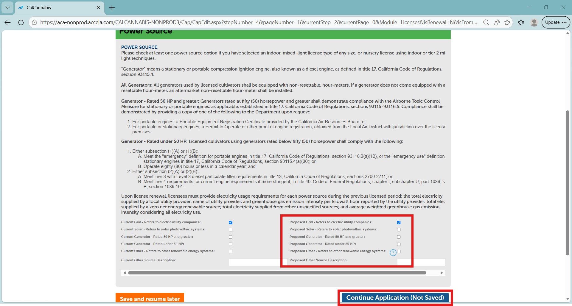 Screenshot of the Power Source section showing current and proposed source checkboxes and a Continue Application button