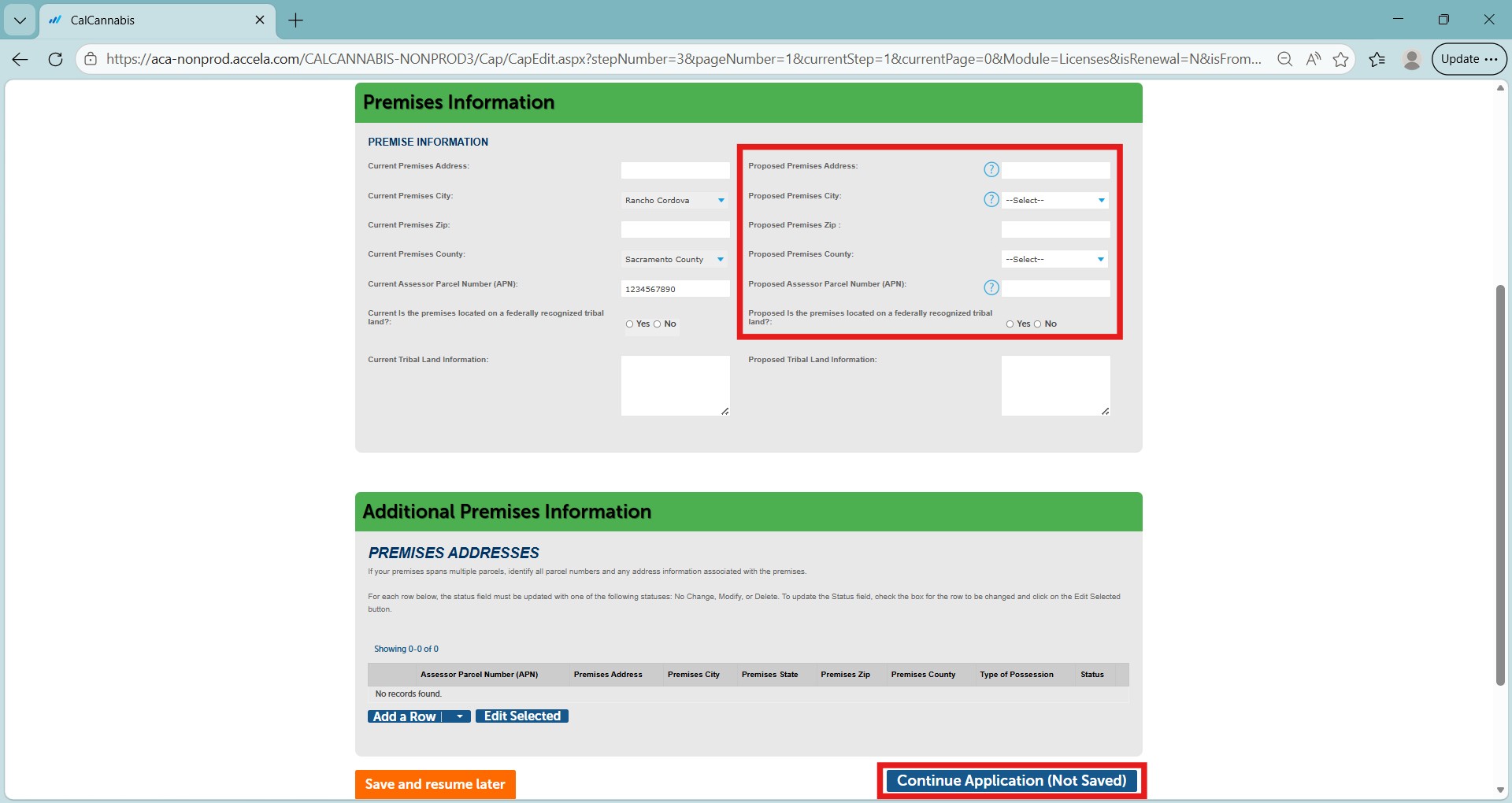 Premises information form for updating proposed premises address and APN, with additional premises table and Continue Application button