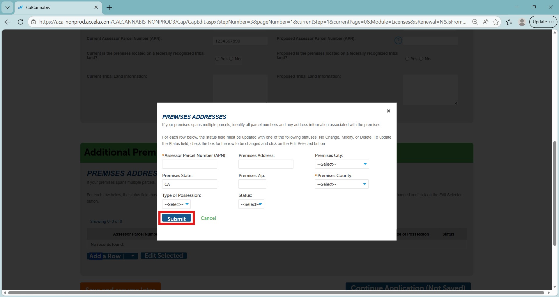 Premises Addresses form for adding or editing APN and address information