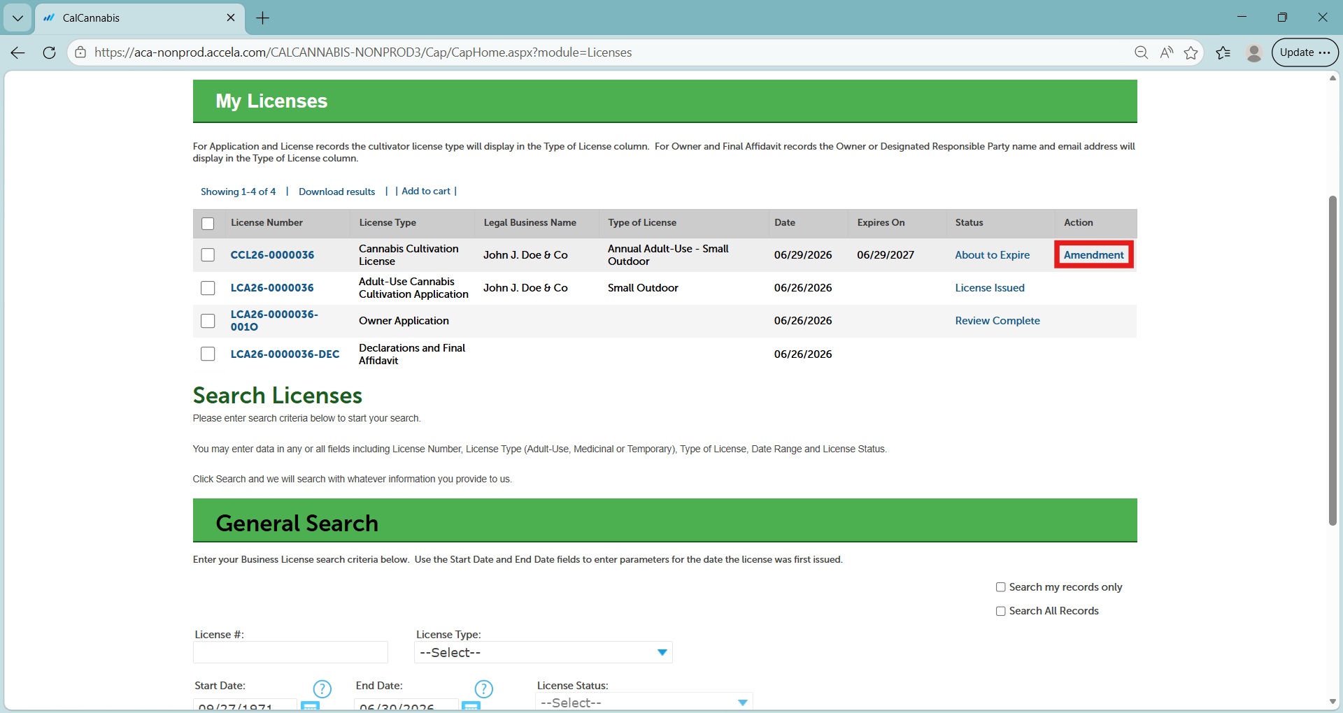 Licenses page showing an Amendment action link for an active license