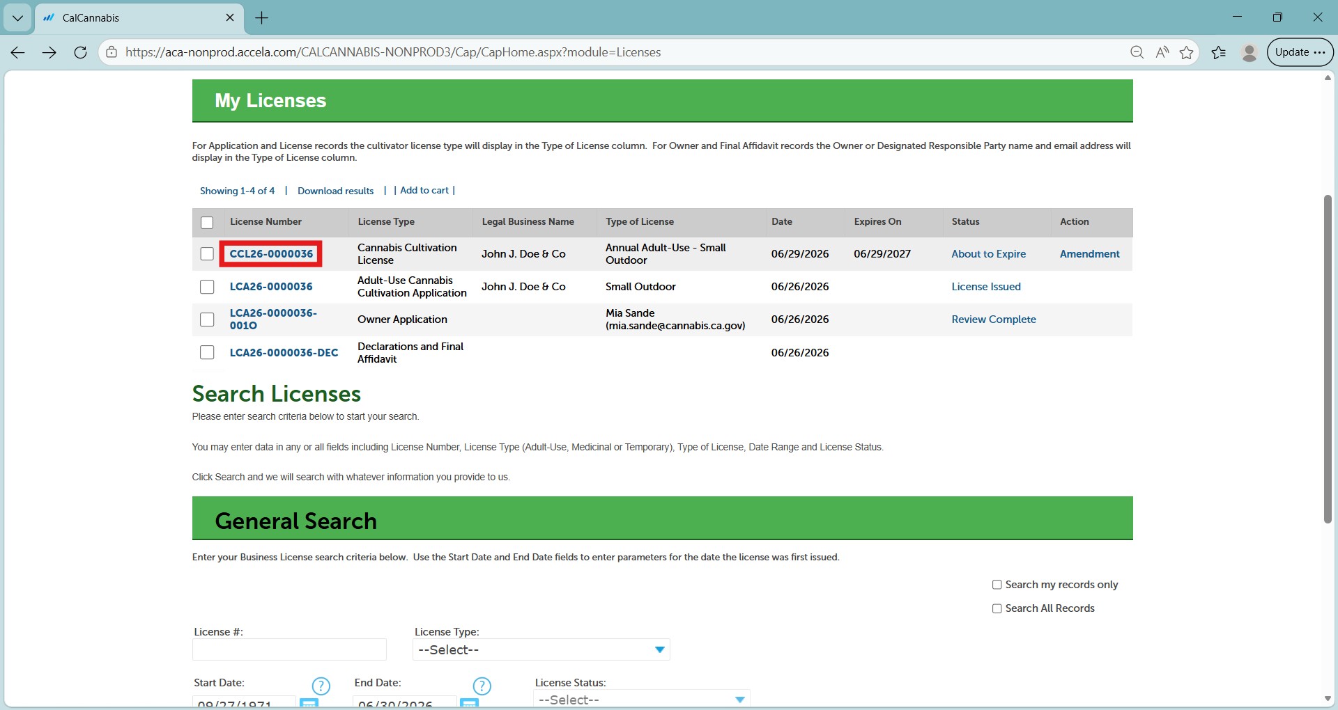 Licenses page showing the Amendment action link and Create Amendment button for an active license