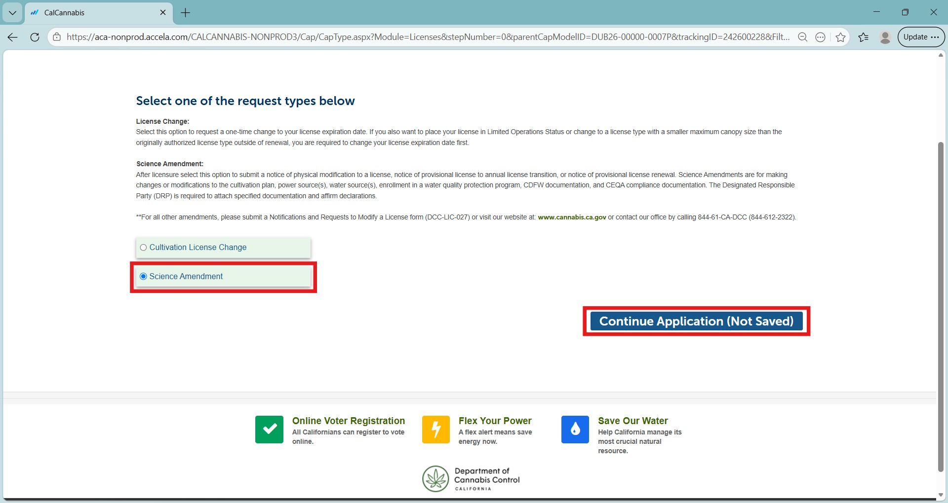 Select Science Amendment and continue application