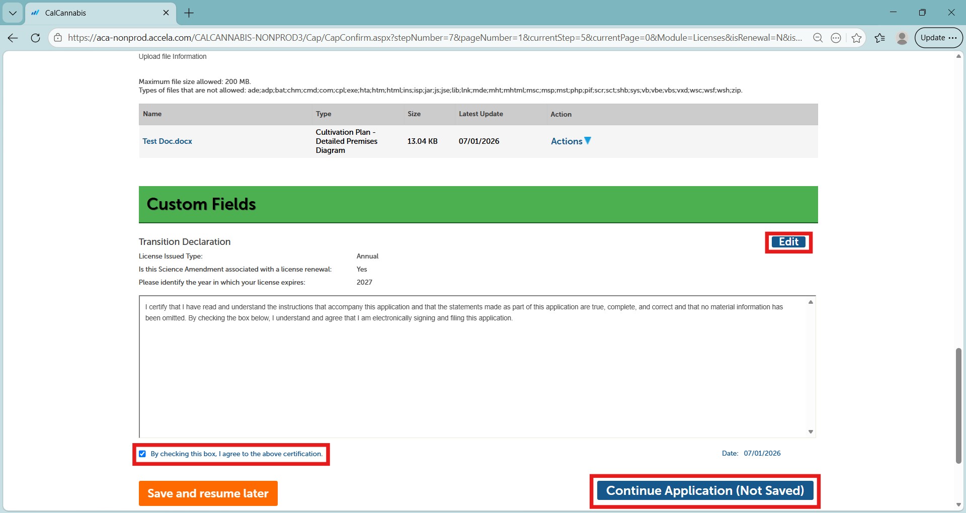 Select the checkbox to agree to the certification statement and continue the application