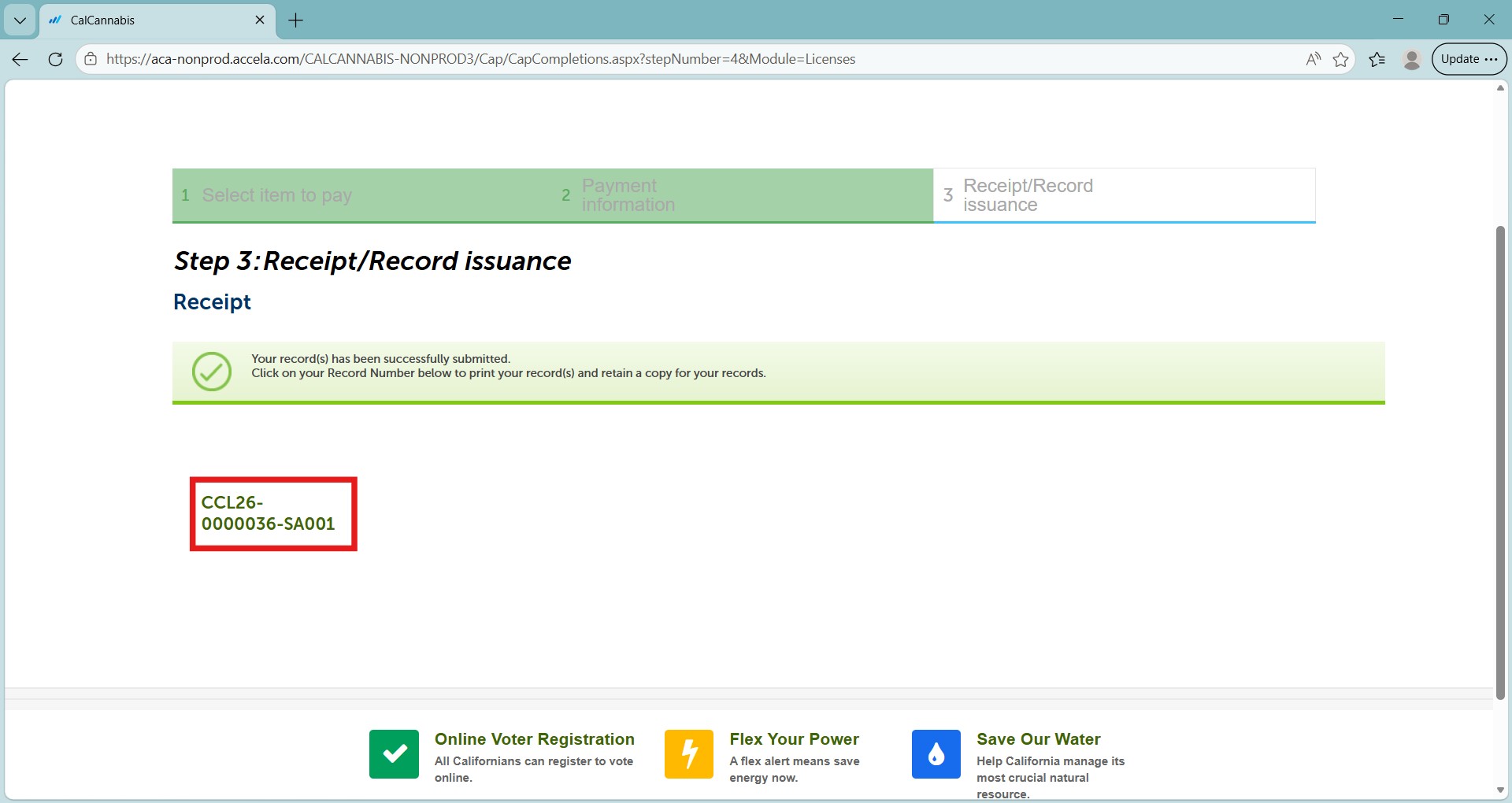 Receipt showing the application was successfully submitted and the application record number CCL19-0000278-SA002
