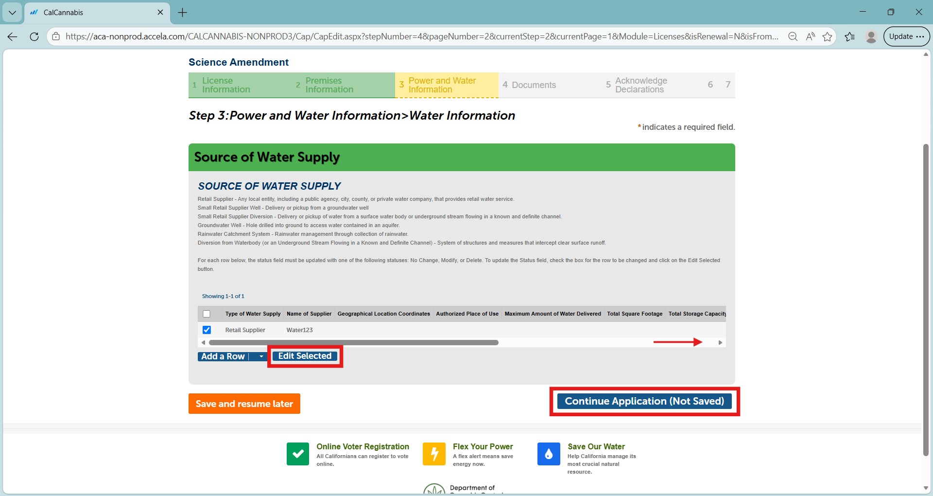 Screenshot of the Source of Water Supply table with Add a Row, Edit Selected, Actions/Edit, and Continue Application buttons