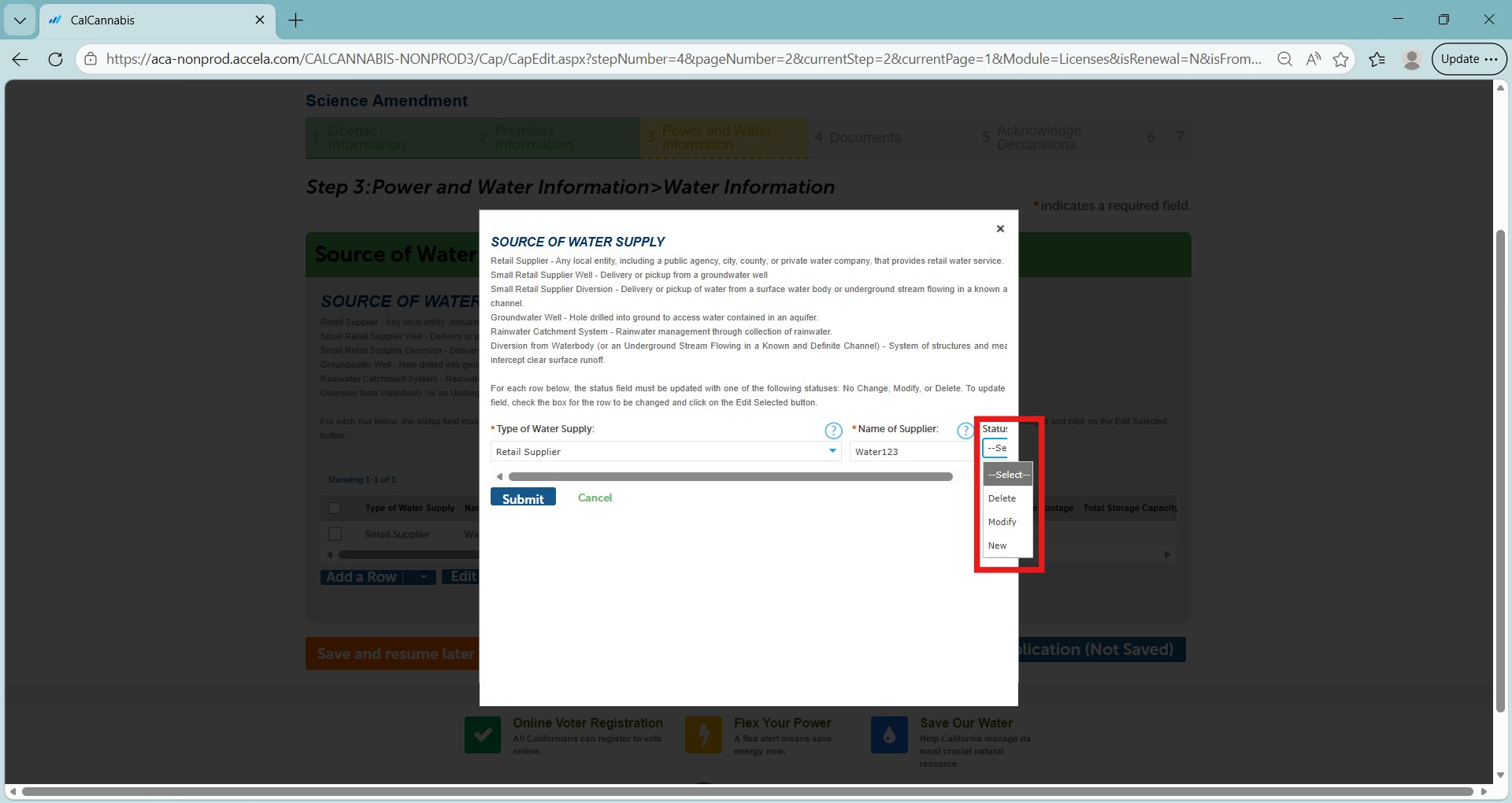 Water supply source form with Status dropdown options: Select, Delete, Modify, New