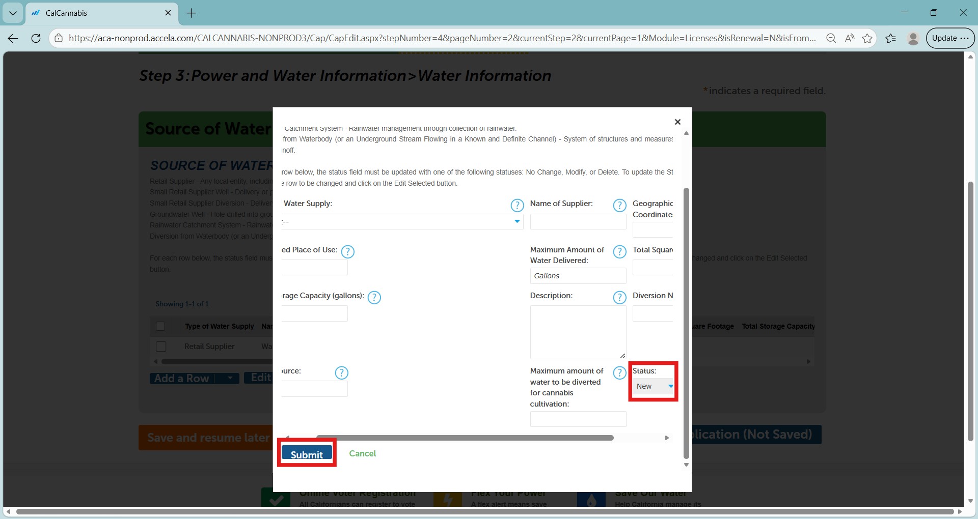 Form to add a new water supply source with Type of Water Supply, Name of Supplier, and Status fields