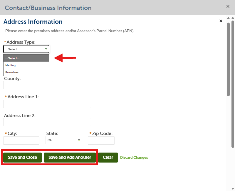 Add premises or mailing address