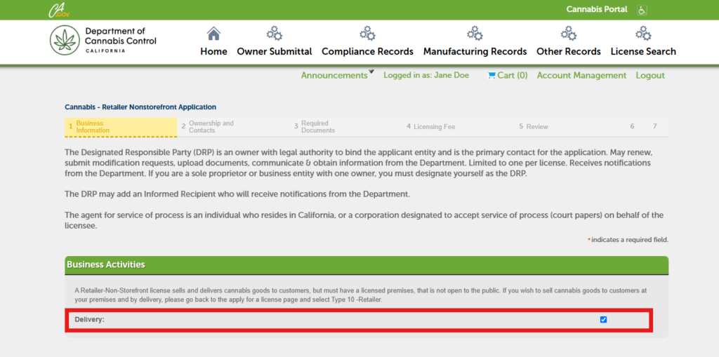 Business Activities section showing the Delivery activity selected for a retailer non-storefront license