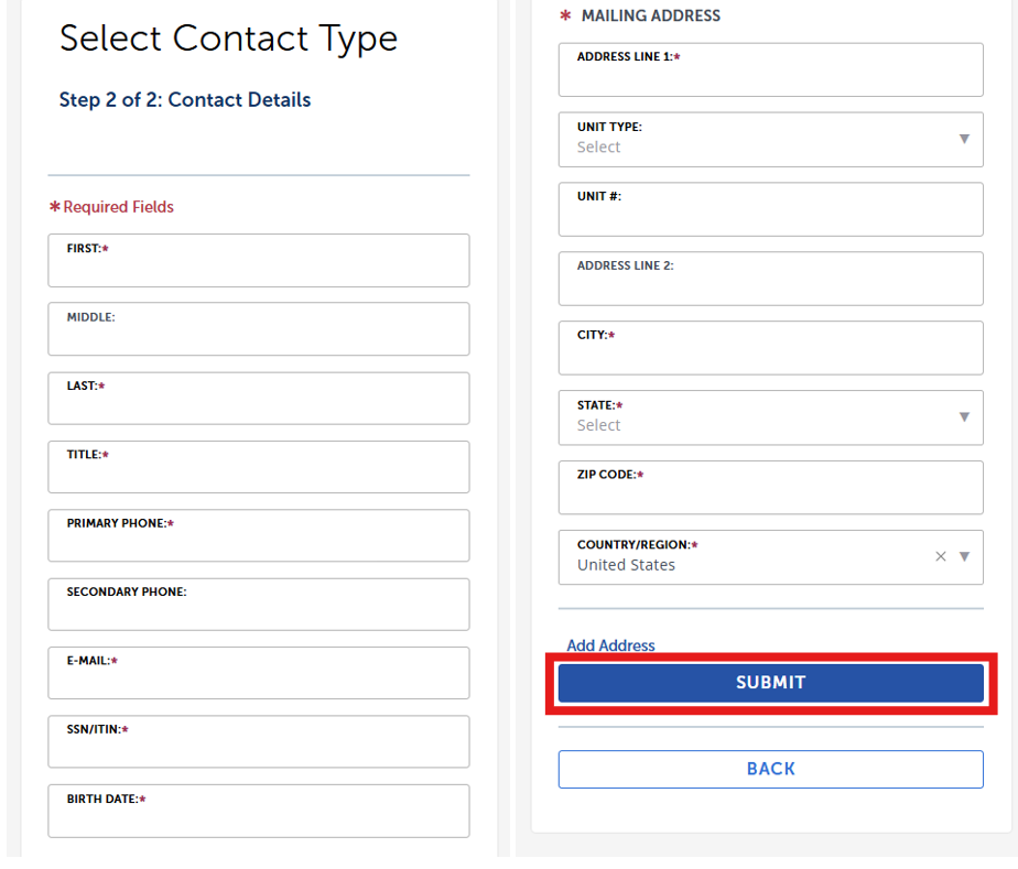 Select contact type form with contact details and mailing address fields, plus Submit button