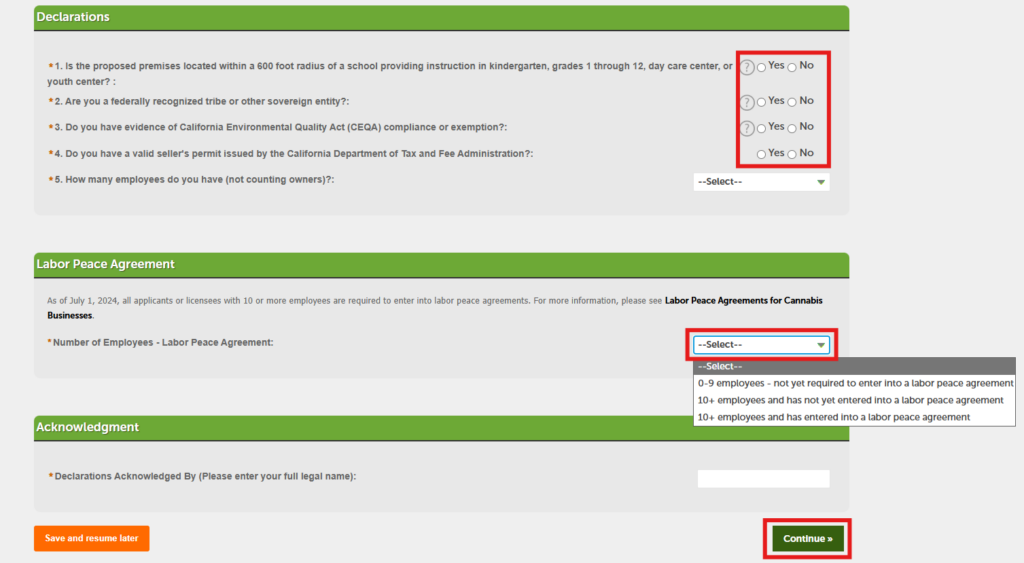 Declarations section of the cannabis license application, with yes/no questions and acknowledgment fields
