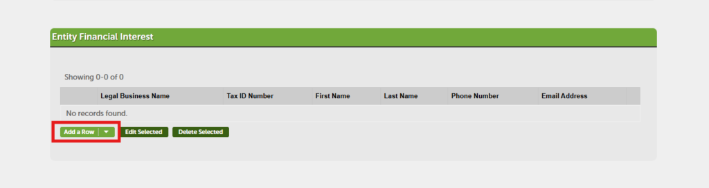 Add a row to enter an entity with financial interest
