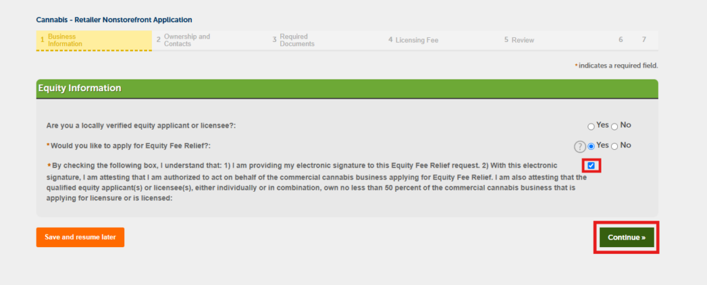 Equity Fee Relief section showing Yes selected and the electronic signature checkbox checked