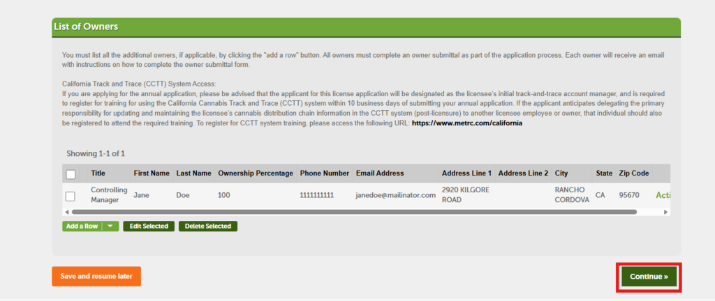Continue to the next step after completing the List of Owners section