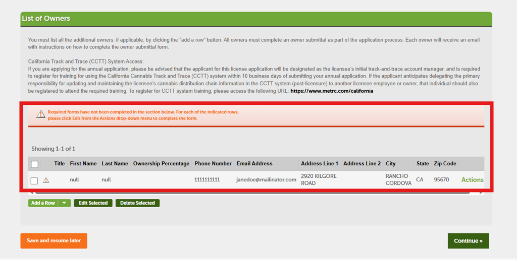 List of Owners section with missing required information warning and owner details table