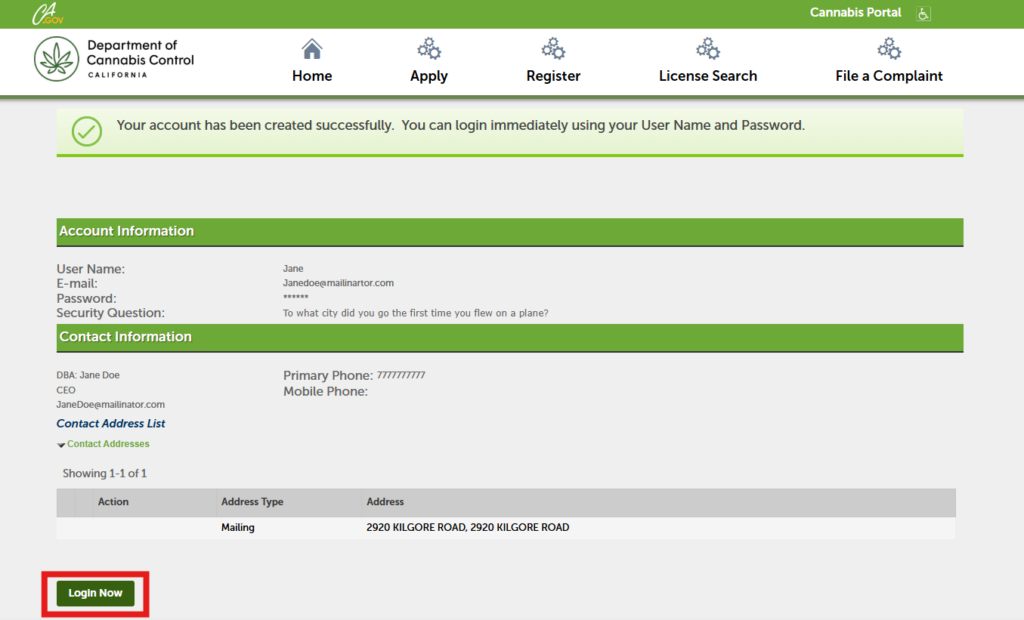 Confirmation message with option to log in now