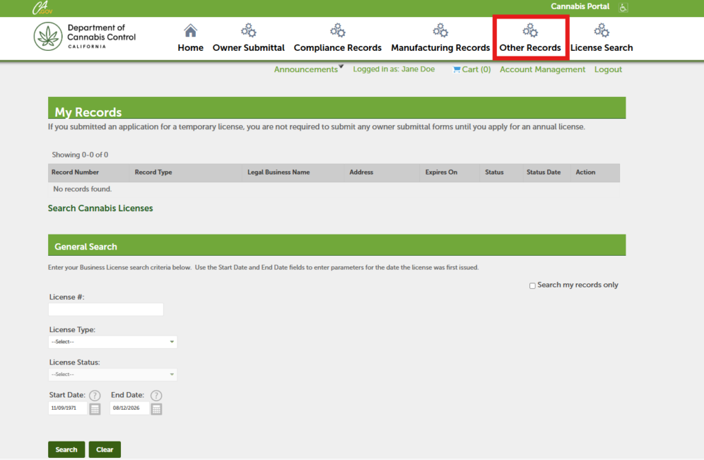My Records page with license search form