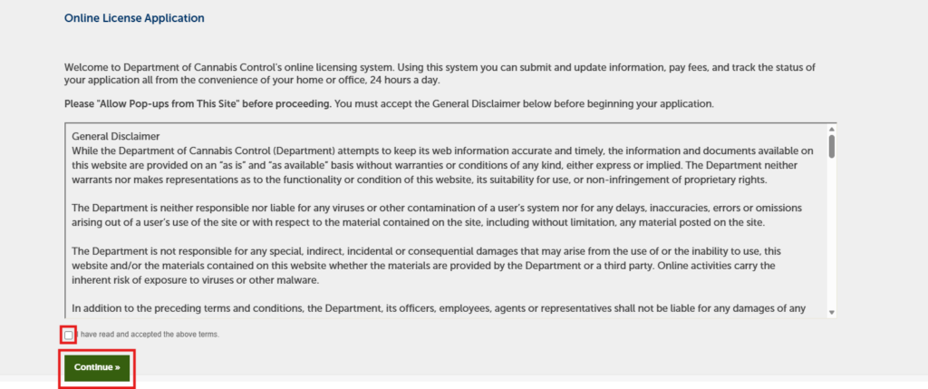Review the general disclaimer and continue the application