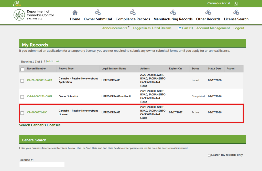 Open the license record to view and print your license