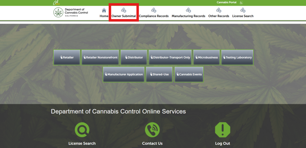 Owner submittal option selected in main menu