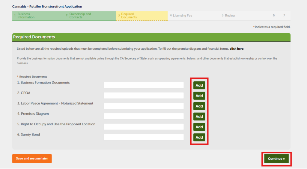 Required documents step with Add buttons for each upload and a Continue button
