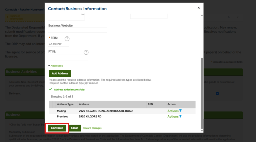 Continue after verifying business contact information