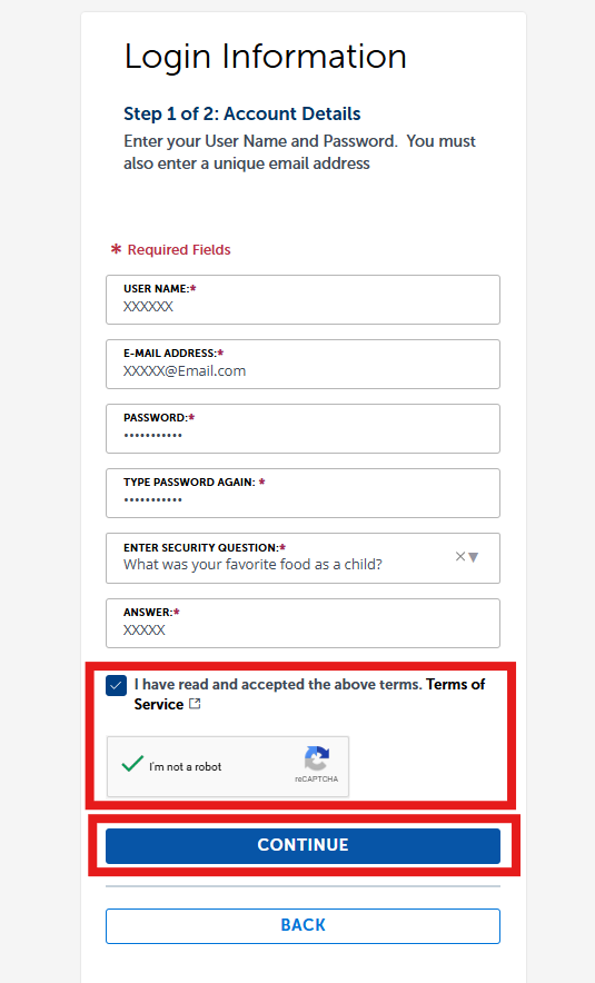 Login information form with required account details and terms checkbox