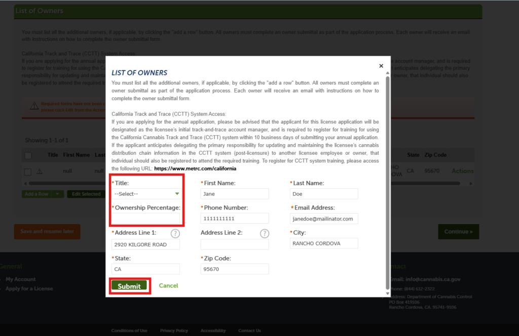 Enter title and ownership percentage for an owner