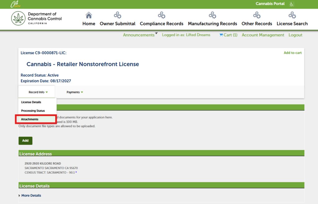 Open Attachments in the license record