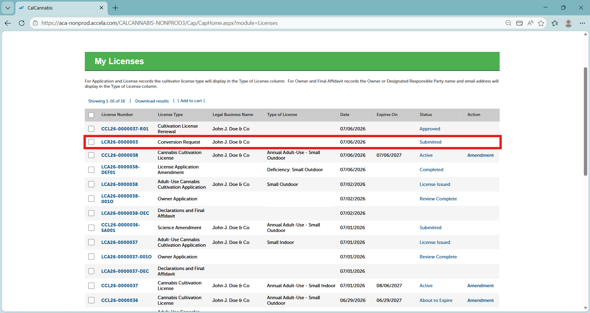 My licenses page with conversion request status license issued, primary license as active, and the additional license cancelled.