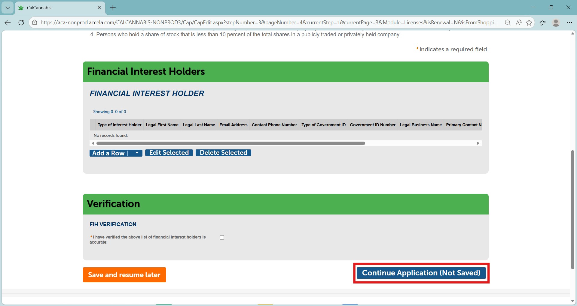 Financial interest holders section with Add a Row, verification checkbox, Save and resume later, and Continue Application button