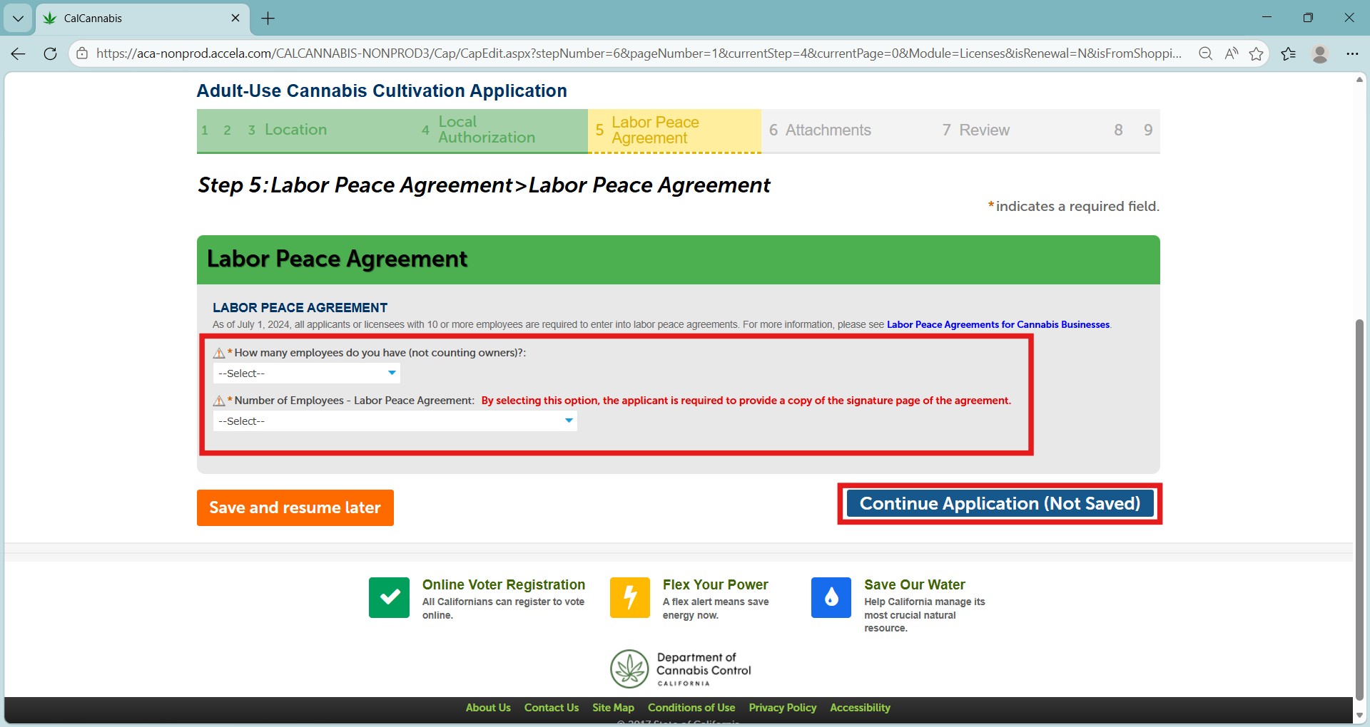 Labor Peace Agreement form with employee count dropdowns and a Continue Application button