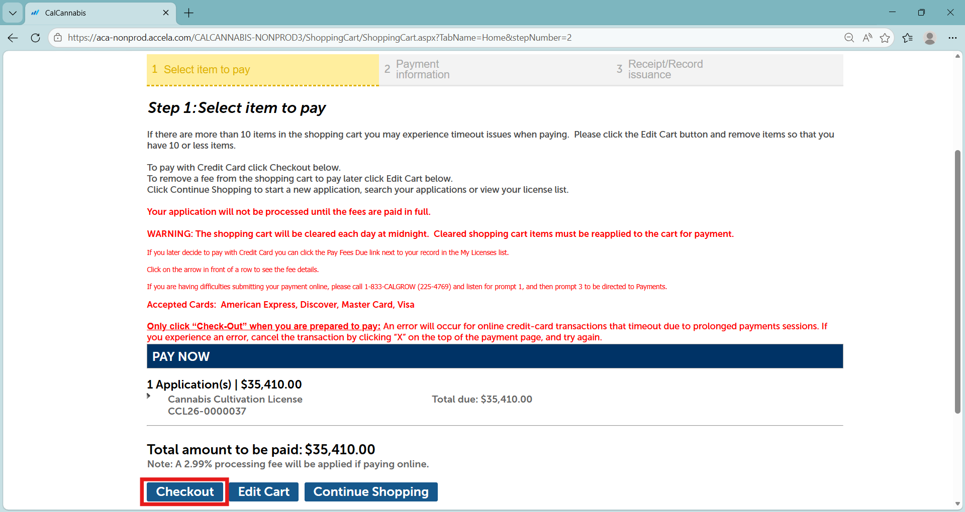 Checkout to pay the cultivation license renewal fee