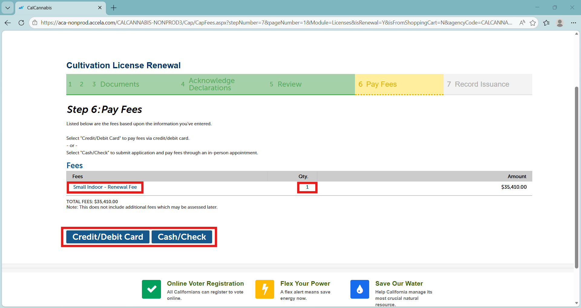 Cultivation license renewal Step 7: Pay Fees, showing the renewal fee and Check Out or Cash Payment options