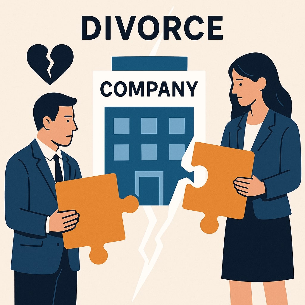 Illustration of a man and woman in business attire holding puzzle pieces in front of a building labeled "Company," with "Divorce" and a broken heart symbol above them, highlighting legal strategies to protect your business during a high net worth divorce.